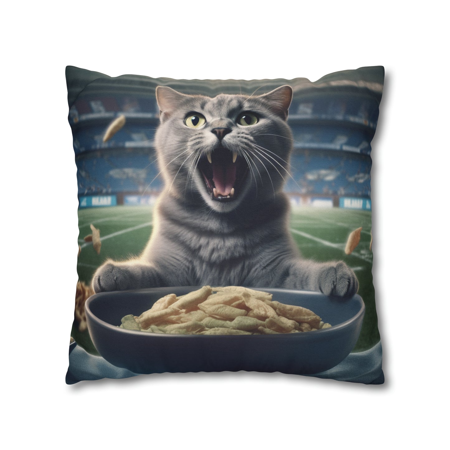 Halftime Football Feline: Screaming Sports Fan Cat Stadium Food Kitten - Spun Polyester Square Pillow Case