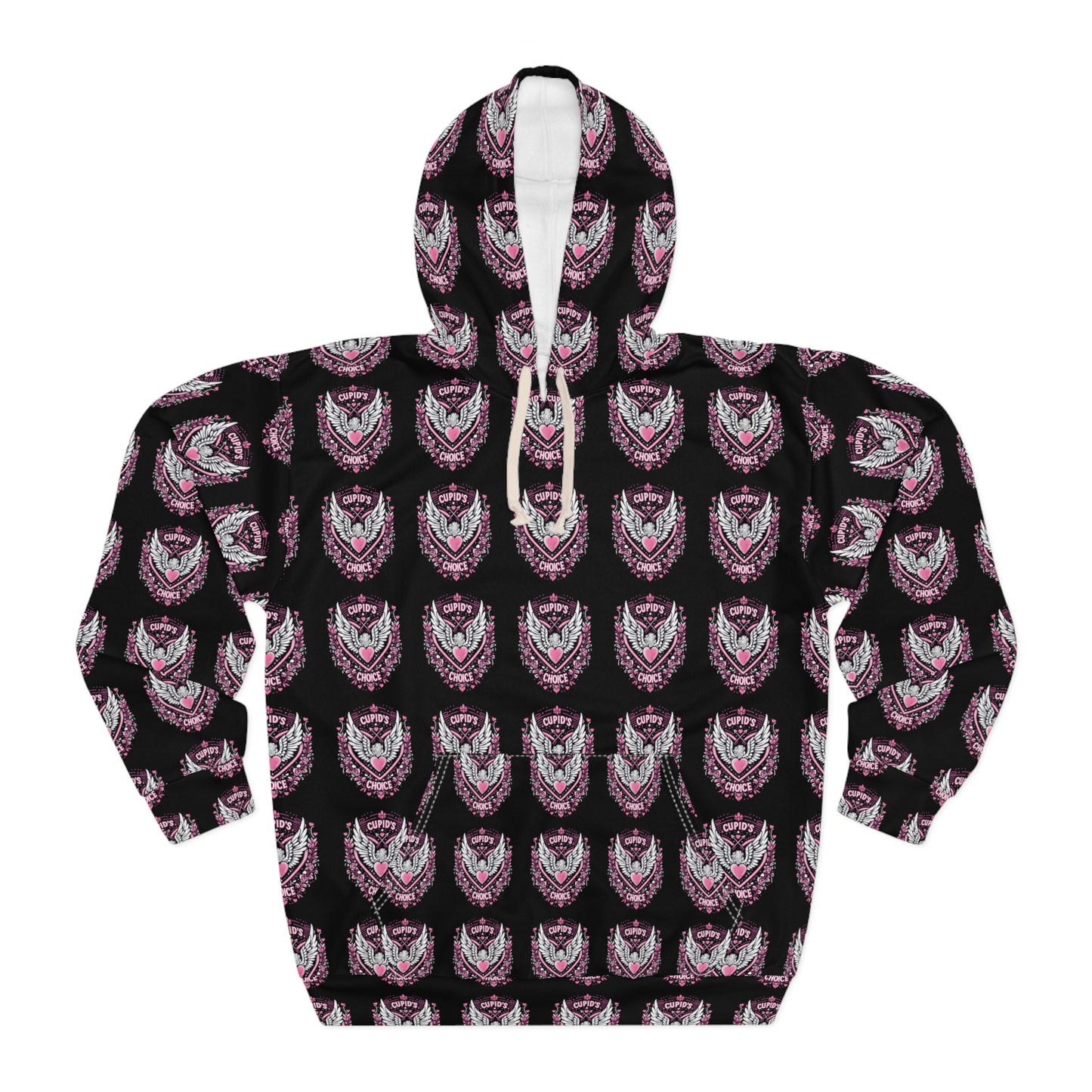 Cupids Choice Crest with Heart and Wings - Love and Romance Valentine Themed - Unisex Pullover Hoodie (AOP)