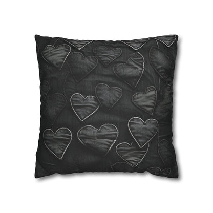 Negro azabache: diseño de bordado de corazón de tela inspirada en la mezclilla desgastada - Funda de almohada cuadrada de poliéster hilado 