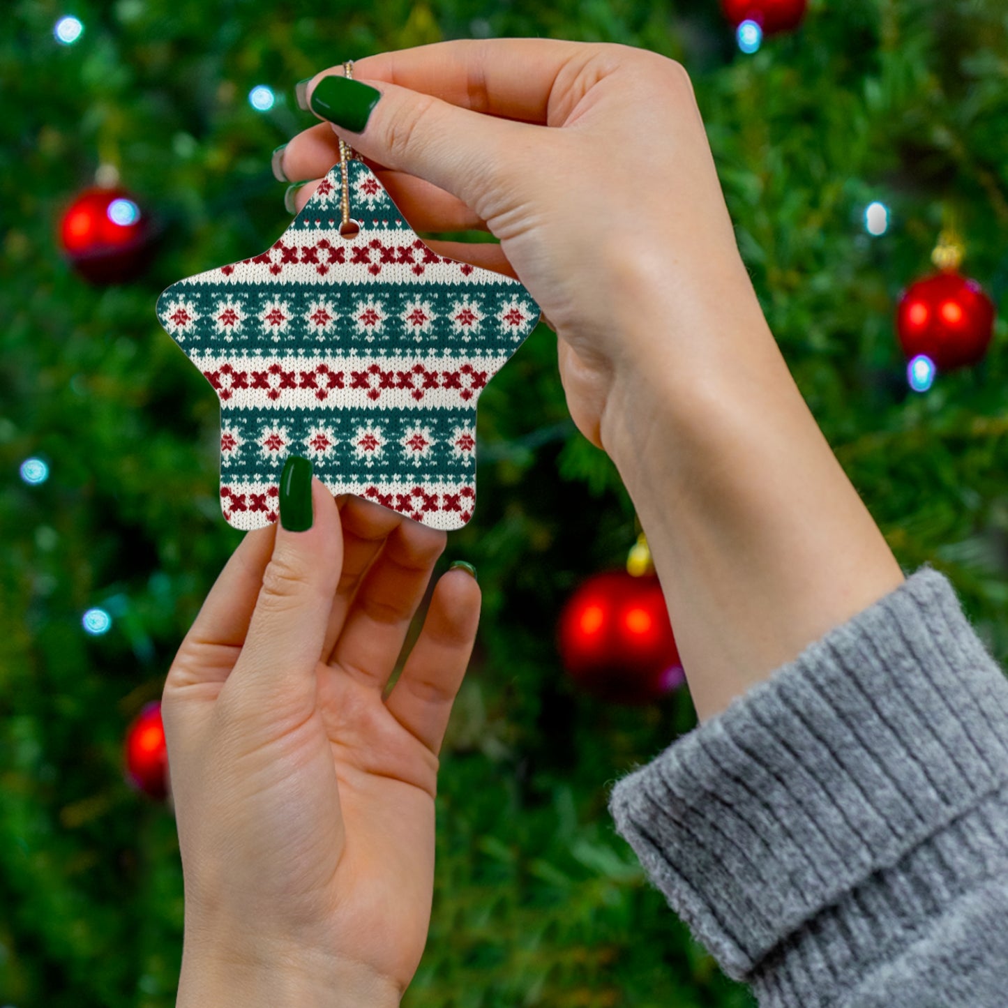 Christmas Knit Crochet Holiday, Festive Yuletide Pattern, Winter Season - Ceramic Ornament, 4 Shapes