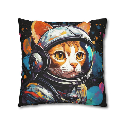 Astro Cat Adventure Feline - Pop Art, Floating in Cosmic Space - Spun Polyester Square Pillow Case