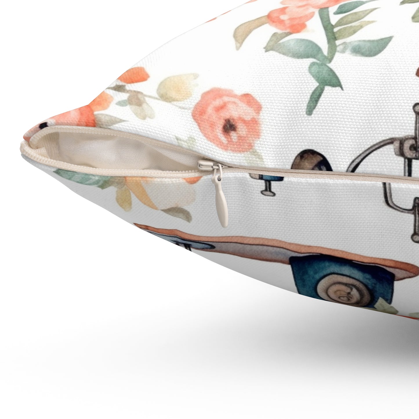 Watercolor Sewing Machines & Floral Bouquets: Antique Feminine Minimalist Styling - Spun Polyester Square Pillow