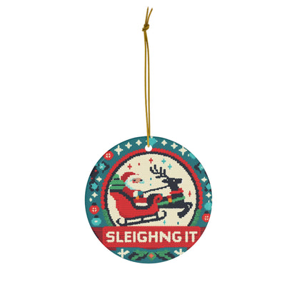 Santa & Reindeer Cross-Stitch Style - 'Sleighing It' Christmas - Festive Holiday - Ceramic Ornament, 4 Shapes