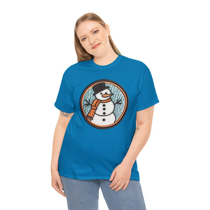 Snowman Embroidered Patch - Chenille Christmas Winter - Unisex Heavy Cotton Tee