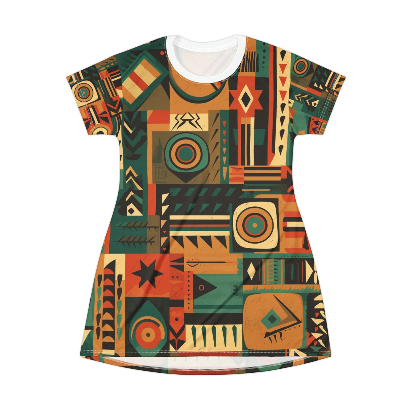 Earthy Tones Geometric Tribal-Inspired Pattern Design T-Shirt Dress (AOP)