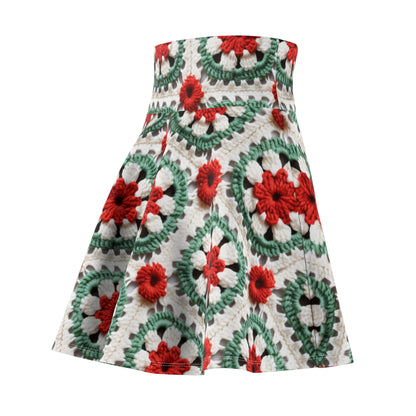 Christmas Granny Square Crochet, Cottagecore Winter Classic, Seasonal Holiday - Women's Skater Skirt (AOP)