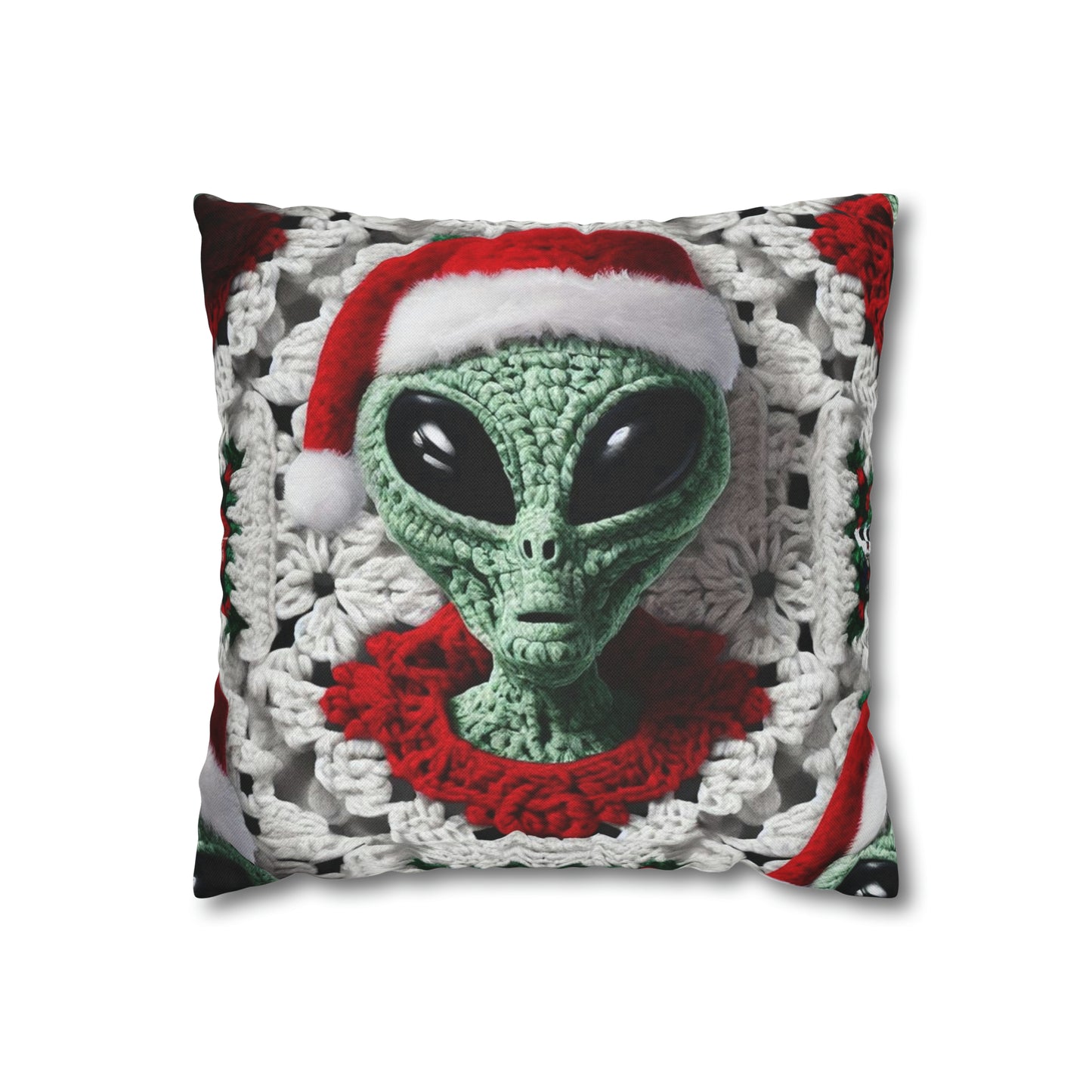 Santa's Cosmic Secret: Jolly Green Christmas Extraterrestrial with Festive Attire Crochet Art - Spun Polyester Square Pillow Case