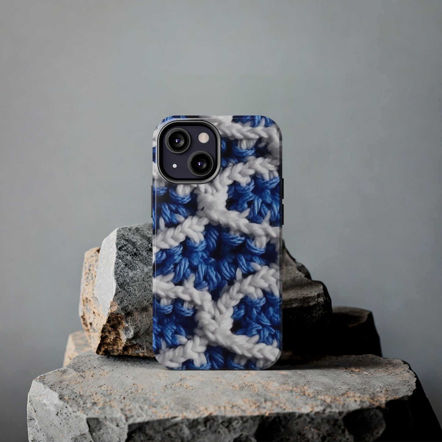 Blueberry Blue Crochet, White Accents, Classic Textured Pattern - Tough Phone Cases