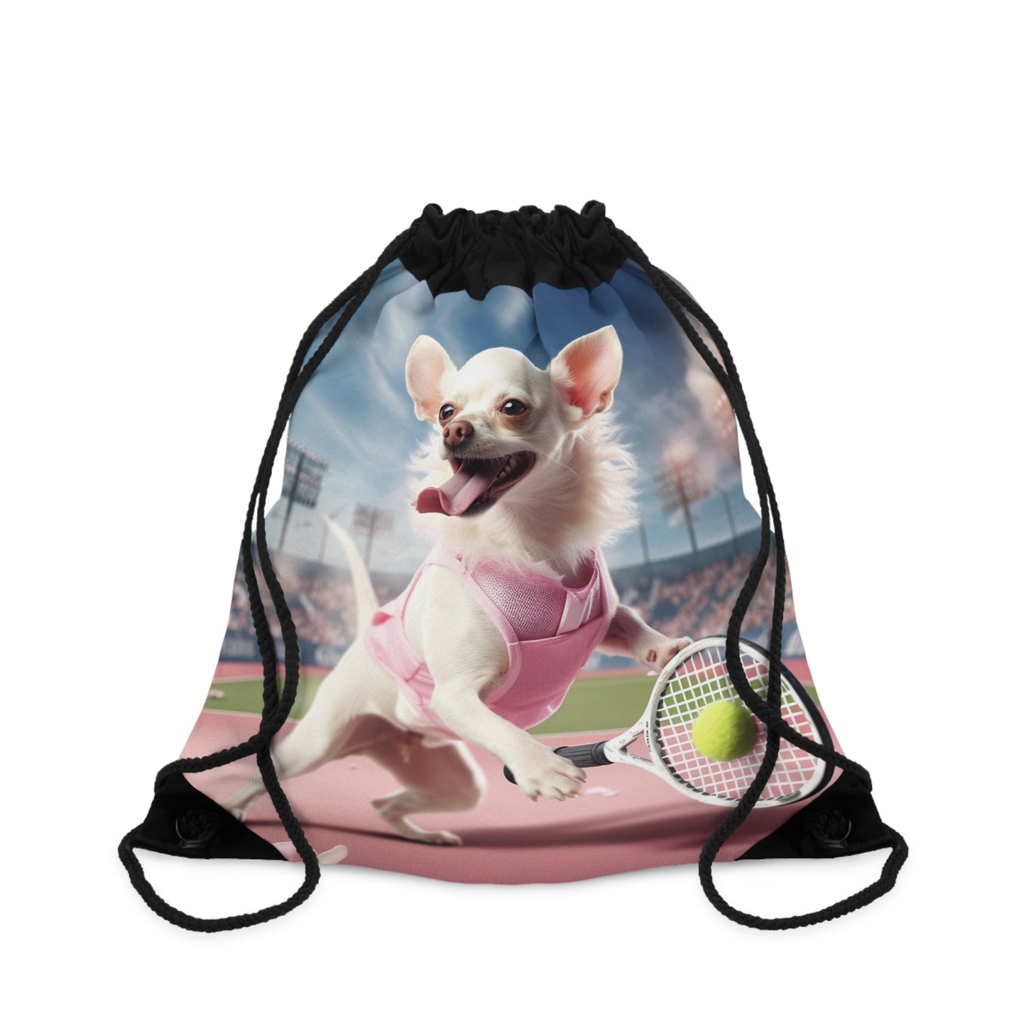 Chihuahua Tennis Ace: Dog Pink Outfit, Court Atheletic Sport Game - Drawstring Bag