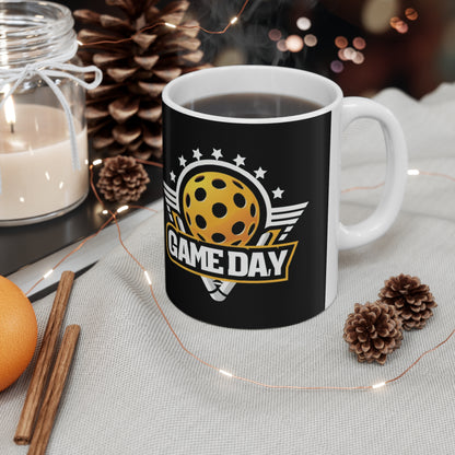 Stellar Pickleball Game Day Emblem with Stars and Winged Ball Design - Ceramic Mug 11oz