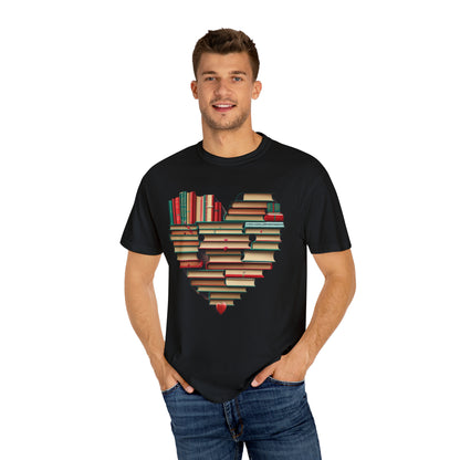 Valentines Day Book Love: Heart-Shaped Stack of Romantic Novels - Unisex Garment-Dyed T-shirt