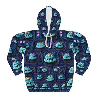 Spaceship UFO Crochet - Galactic Travel Ship - Alien Craft - Flying Saucer - Unisex Pullover Hoodie (AOP)