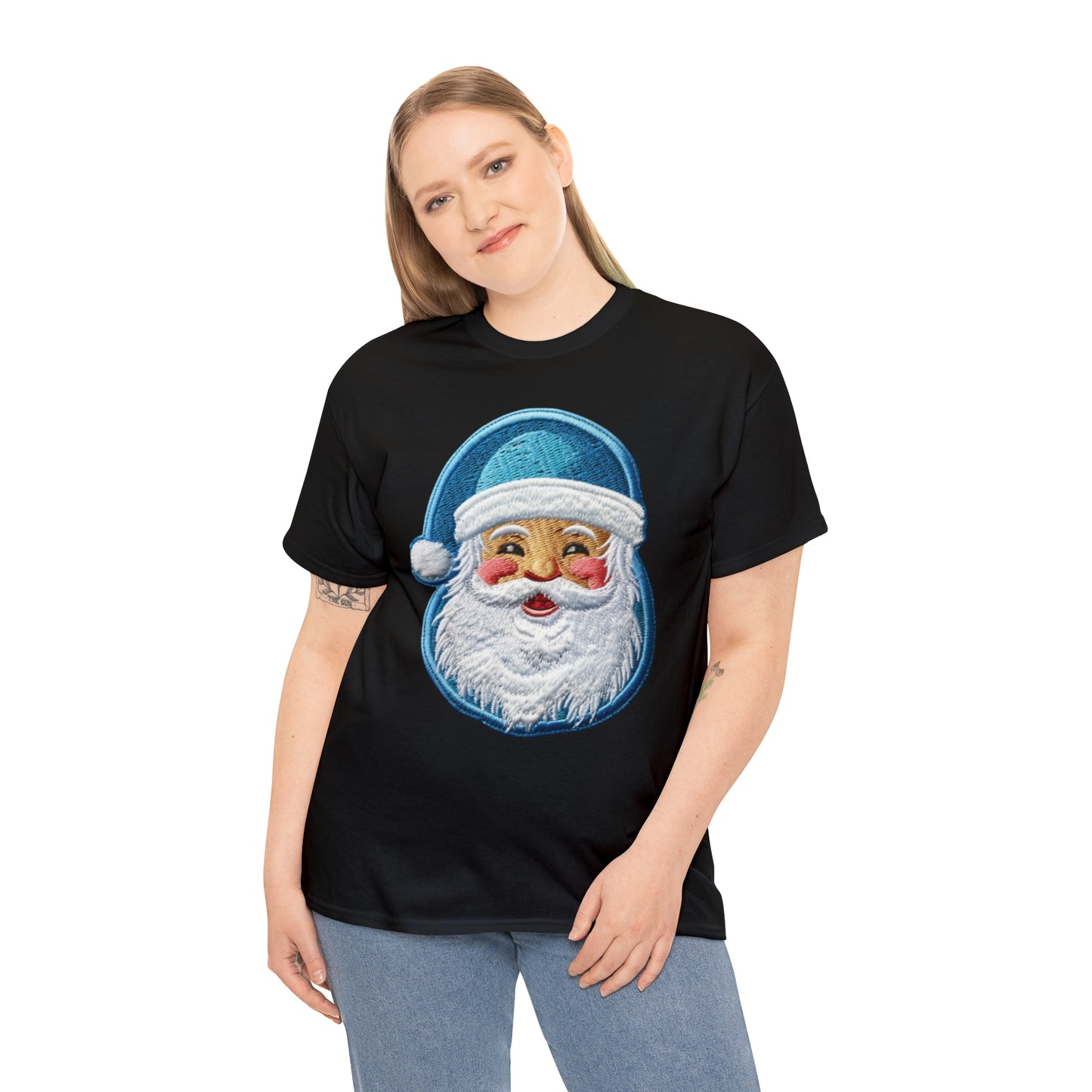 Christmas Santa Chenille - Embroidered Festive - Holiday Patch Design - Unisex Heavy Cotton Tee