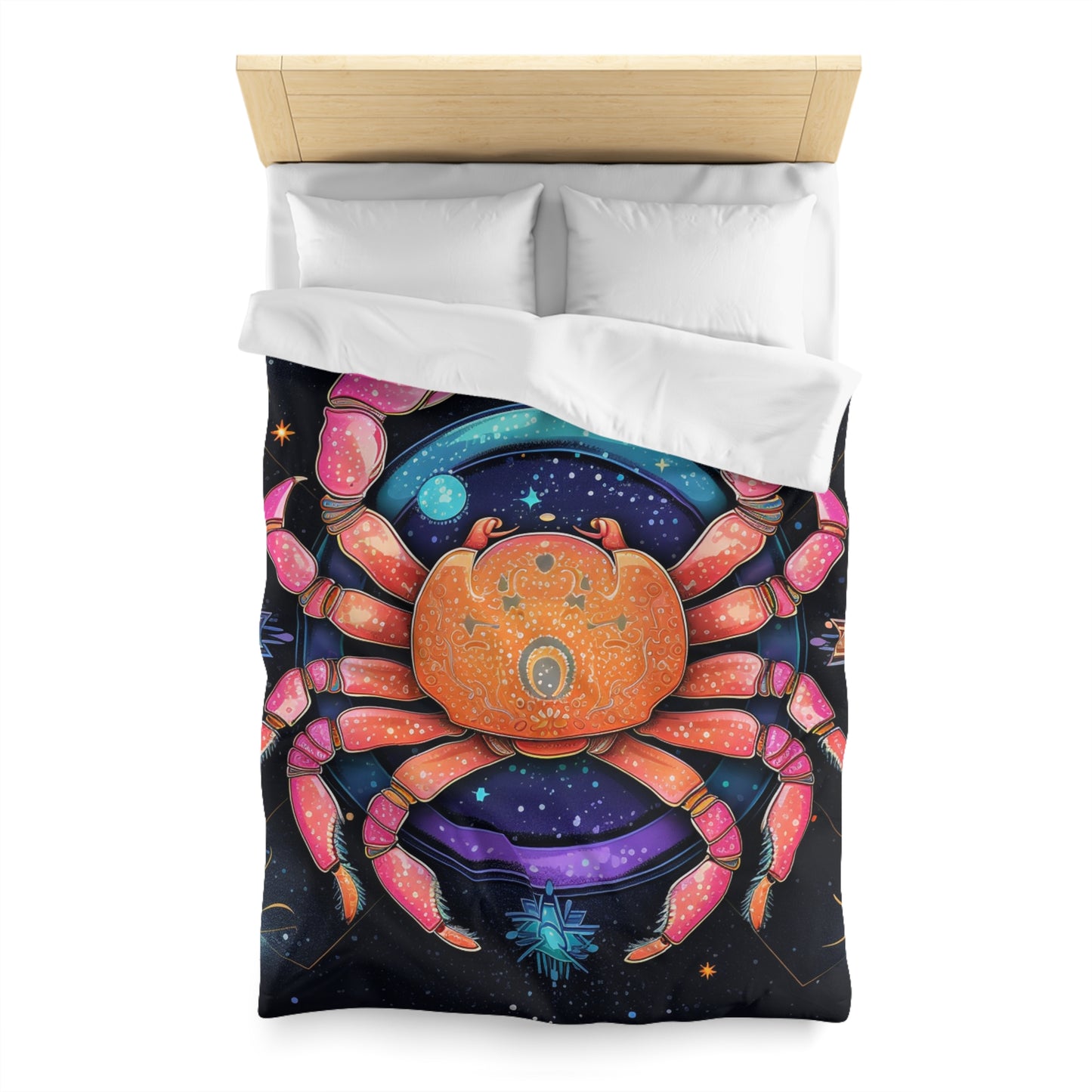 Rainbow Celestial Crab - Vibrant Cancer Zodiac Sign Art - Microfiber Duvet Cover