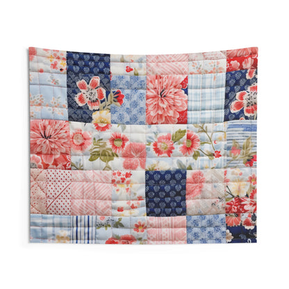 Floral Harmony Quilt, Blossom Patchwork, Blue and Pink Quilted Patterns, Garden Quilt, Soft Pastel Quilting Squares Design - Indoor Wall Tapestries