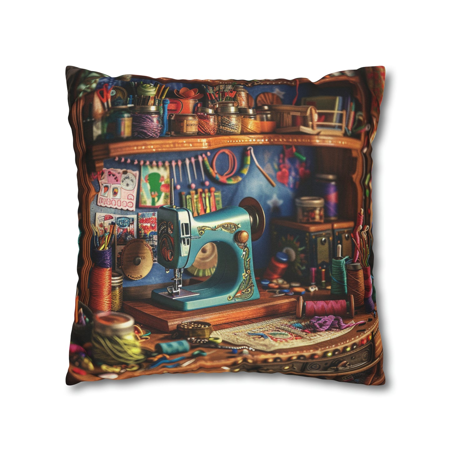 Seamstress Dream: Enchanted Sewing Nook Tapestry, Artisan Craft Room - Spun Polyester Square Pillowcase