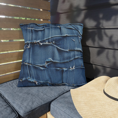 Midnight Blue Distressed Denim: Rugged, Torn & Stylish Design - Outdoor Pillows