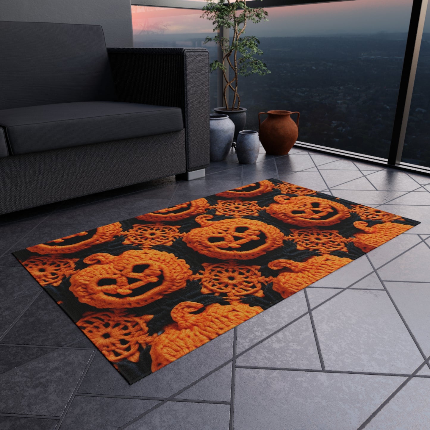 Halloween Crochet Pumpkin Scary Horror Festive Holiday Pattern - Outdoor Rug