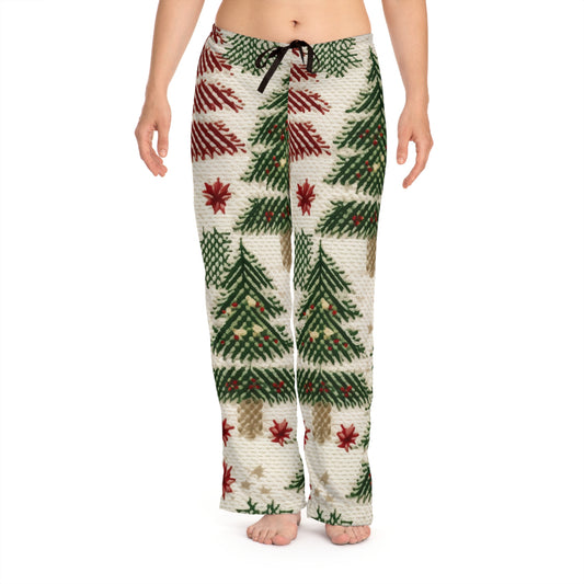 Embroidered Christmas Winter, Festive Holiday Stitching, Classic Seasonal Design - Women's Pajama Pants (AOP)