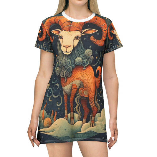 Capricorn Zodiac Children's Book Style Humorous Design - T-Shirt Dress (AOP)