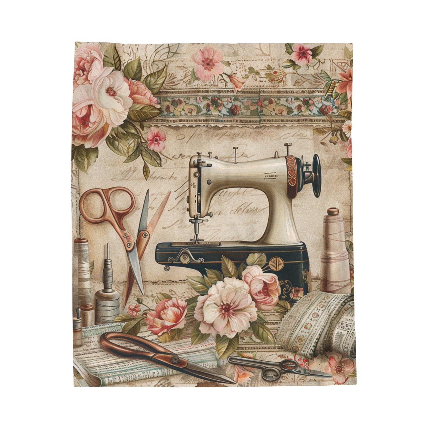 Classic Floral Sewing Ensemble: Vintage-Inspired with Antique Sewing Machine and Scissors - Velveteen Plush Blanket