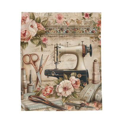 Classic Floral Sewing Ensemble: Vintage-Inspired with Antique Sewing Machine and Scissors - Velveteen Plush Blanket