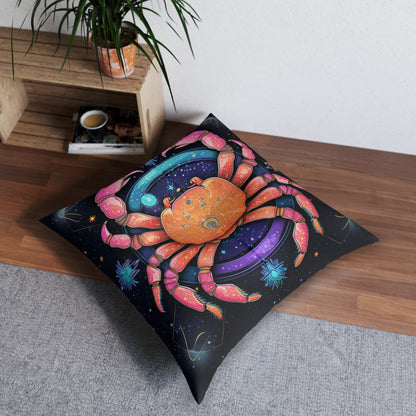 Cangrejo celestial arcoíris - Arte vibrante del signo del zodíaco del cáncer - Almohada de suelo copetuda, cuadrada 