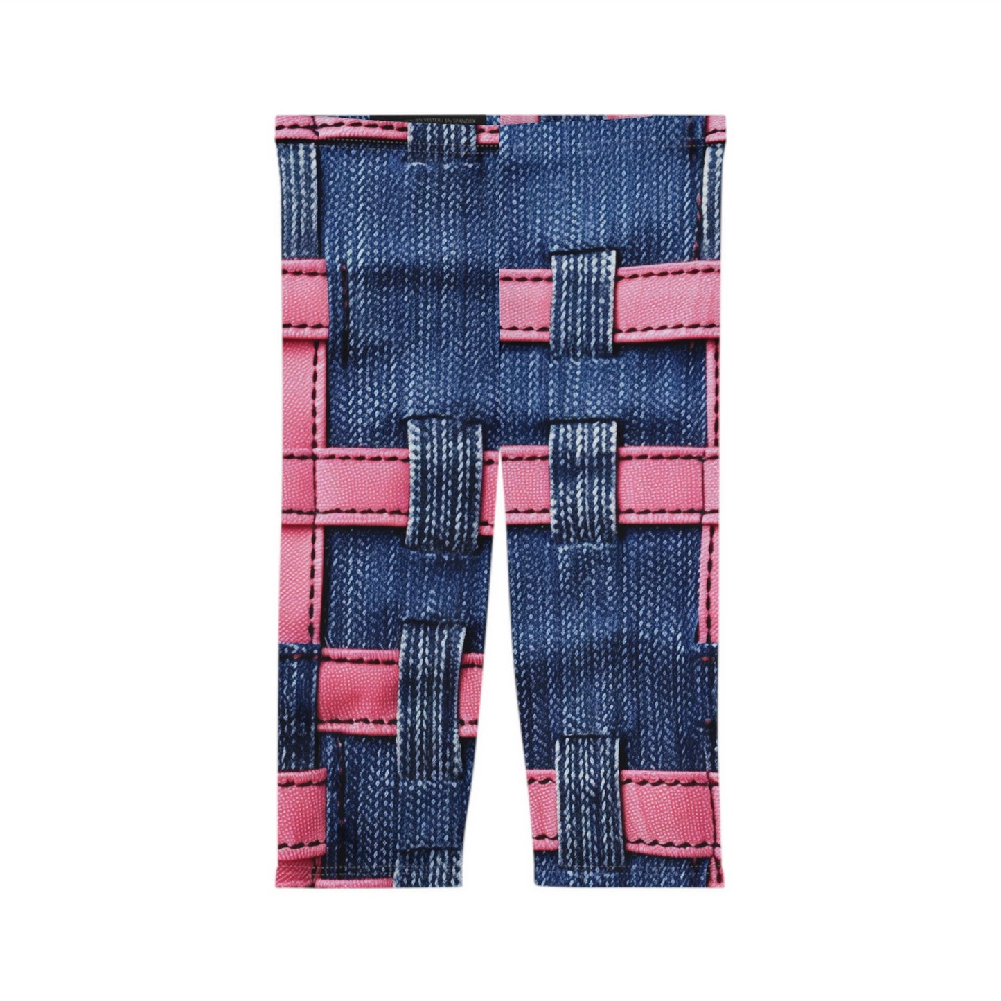 Candy-Striped Crossover: Pink Denim Ribbons Dancing on Blue Stage - Women’s Capri Leggings (AOP)