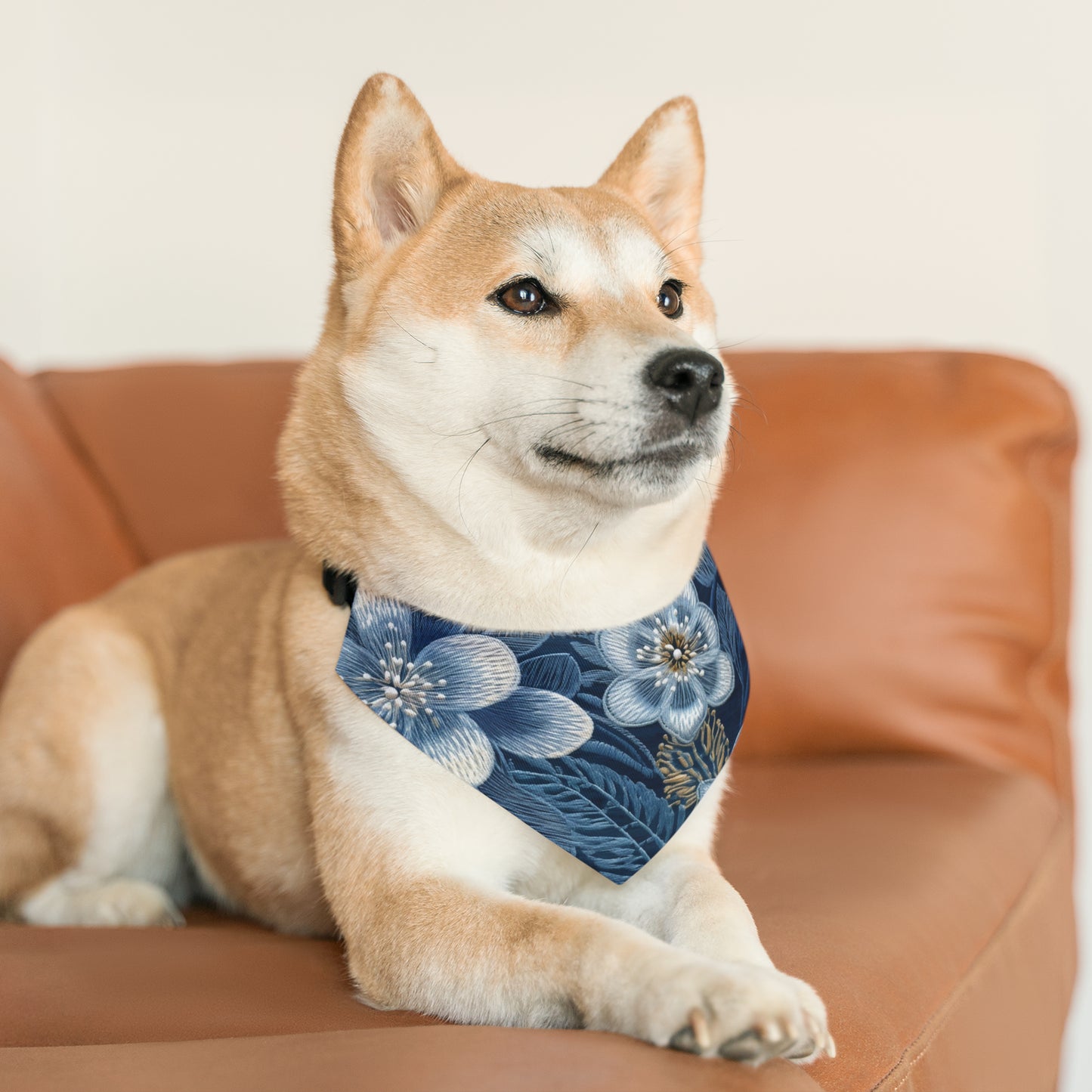 Flower Blossom Embroidery Floral on Denim Style - Pet Bandana Collar