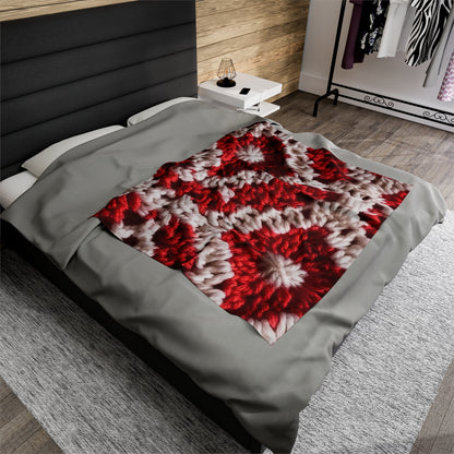 Warm Winter Red & White Crochet Knit: Cinematic Chic Texture Design - Velveteen Plush Blanket