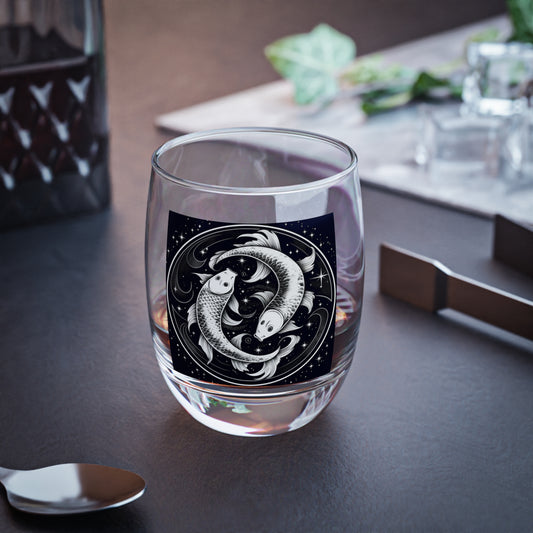 Pisces Zodiac - Clear Glass Whiskey Glass - Solid Base - Black & White Celestial Design