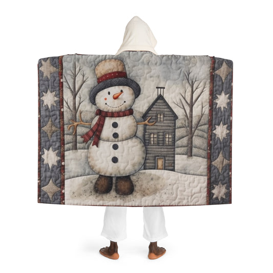 Christmas Cottagecore Snowman & Snowy House - Nostalgic Decor - Grandmillennial Festive Charm - Hooded Sherpa Fleece Blanket