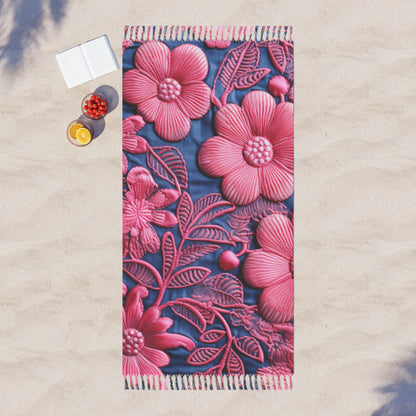 Denim Blue Doll Pink Floral Embroidery Style Fabric Flowers -  Beach Cloth