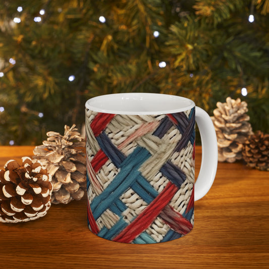 Colorful Yarn Knot: Denim-Inspired Fabric in Red, White, Light Blue - Ceramic Mug 11oz