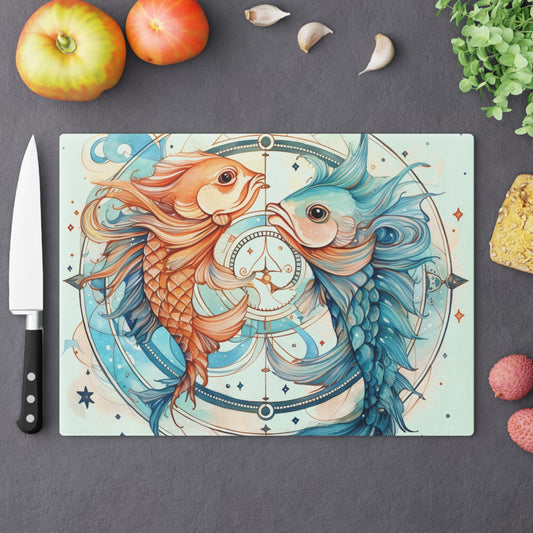 Pisces Zodiac Horoscope - Starry Watercolor & Ink, Fish - Cutting Board