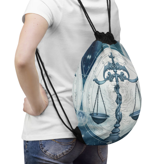 Blue Tones Libra Zodiac Cosmic Astro - Balance Scale & Symbols - Drawstring Bag