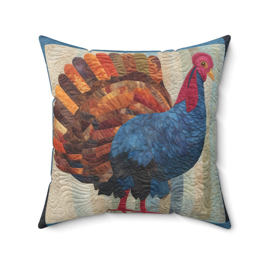 Thanksgiving Harvest Quilt: Festive Turkey Design for Holiday Season - Spun Polyester Square Pillow