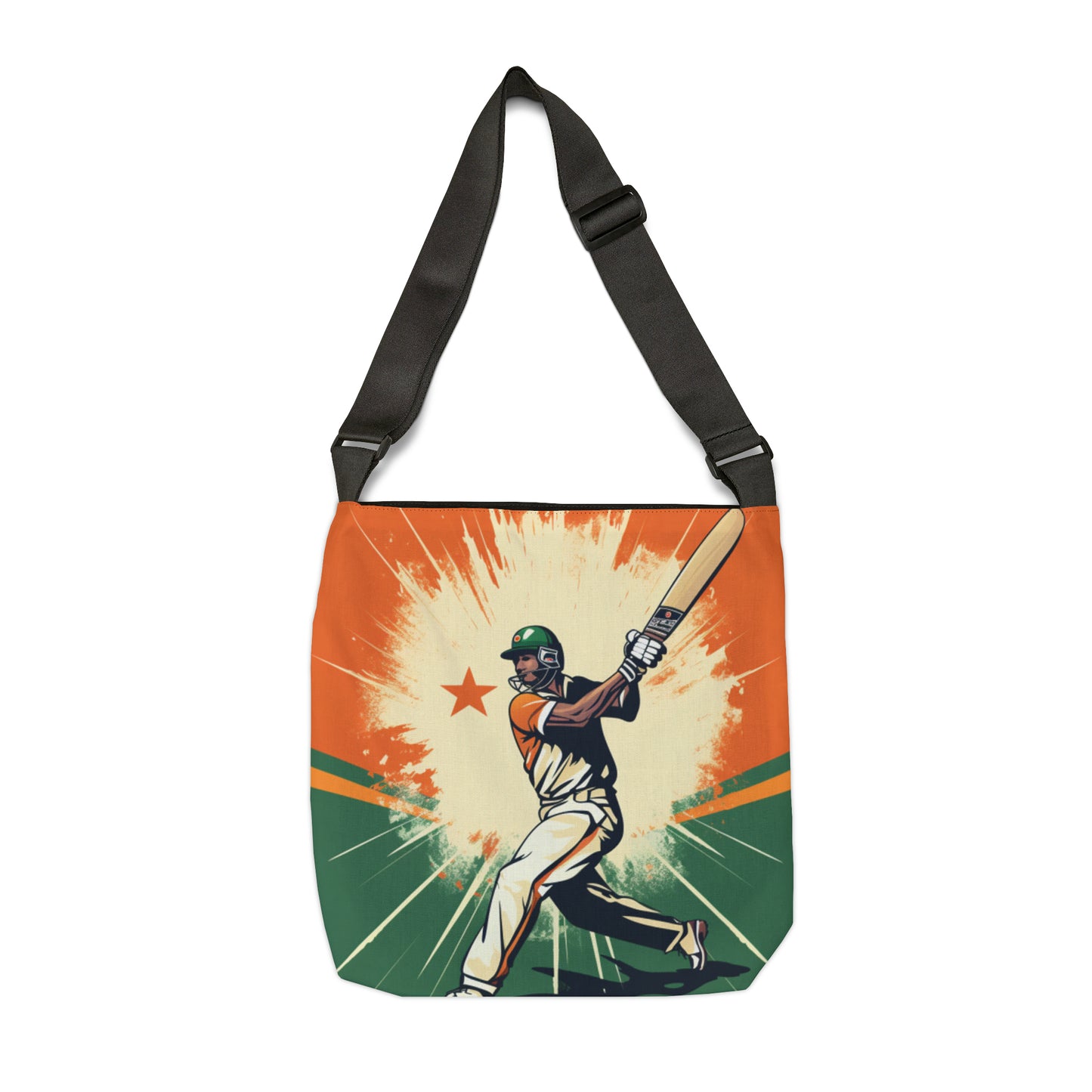 India Cricket Star: Batsman With Willow Bat, National Flag Style - Sport Game - Adjustable Tote Bag (AOP)