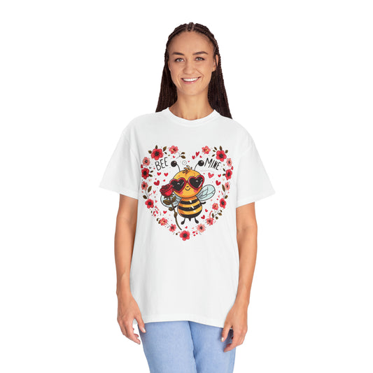 Whimsical Bee Love: Heartfelt Valentines Design with Floral Accents and Heart Sunglasses - Unisex Garment-Dyed T-shirt