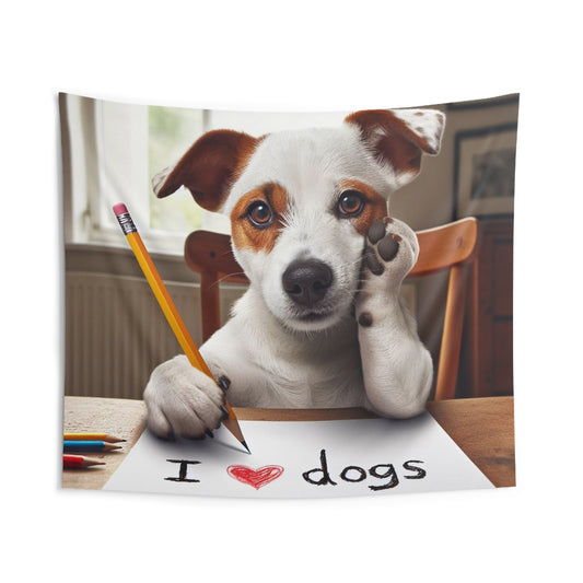Adorable Dog Writing I Love Dogs, Cute Pet with Pencil Illustration, Animal Lover Artwork, Playful Canine - Indoor Wall Tapestries