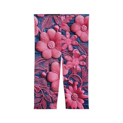 Denim Azul Muñeca Rosa Floral Bordado Estilo Tela Flores - Leggings Capri Mujer (AOP) 