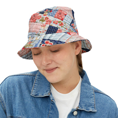 Floral Harmony Quilt, Blossom Patchwork, Blue and Pink Quilted Patterns, Garden Quilt, Soft Pastel Quilting Squares Design - Bucket Hat (AOP)