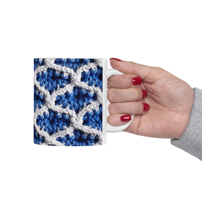 Blueberry Blue Crochet, White Accents, Classic Textured Pattern - Ceramic Mug 11oz