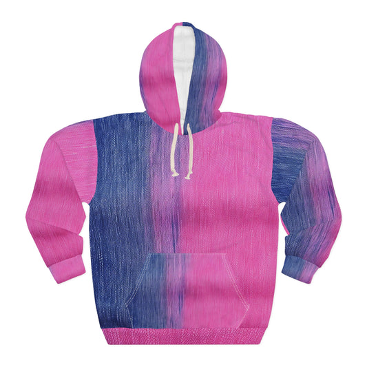 Dual Delight: Half-and-Half Pink & Blue Denim Daydream - Unisex Pullover Hoodie (AOP)