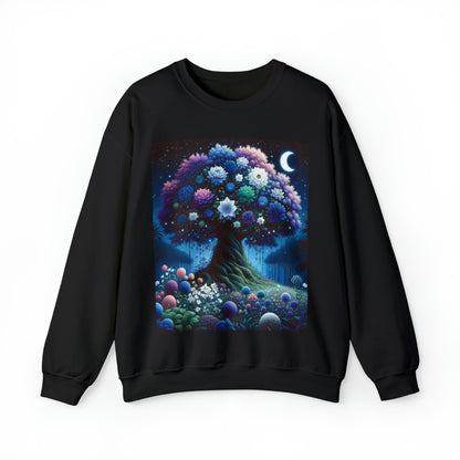 Starry Night Bloom: Magical Garden and Celestial Tree Art - Unisex Heavy Blend™ Crewneck Sweatshirt