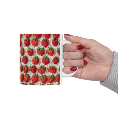 Strawberry Traditional Japanese, Crochet Craft, Fruit Design, Red Berry Pattern - Ceramic Mug 11oz