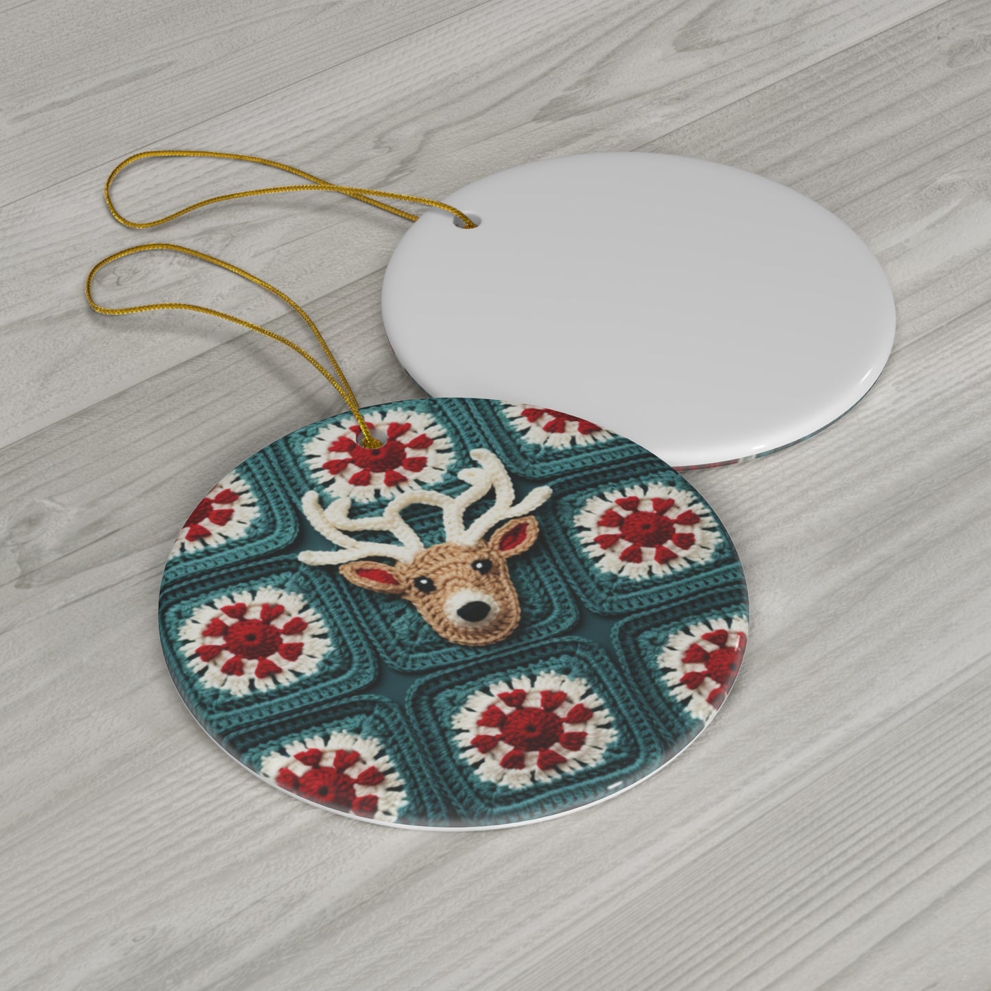 Christmas Reindeer Crochet, Wintry Wonderland Design, Festive Stag Motif. Embrace the Holiday Spirit - Ceramic Ornament, 4 Shapes