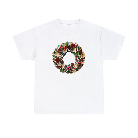 Holiday Book Wreath: Festive Literary Book Lover & Christmas Pinecone Arrangement - Unisex Heavy Cotton Tee