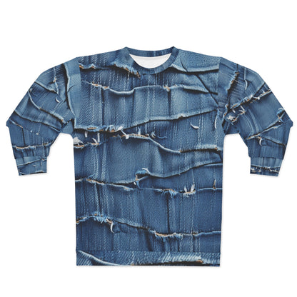 Midnight Blue Distressed Denim: Rugged, Torn & Stylish Design - Unisex Sweatshirt (AOP)