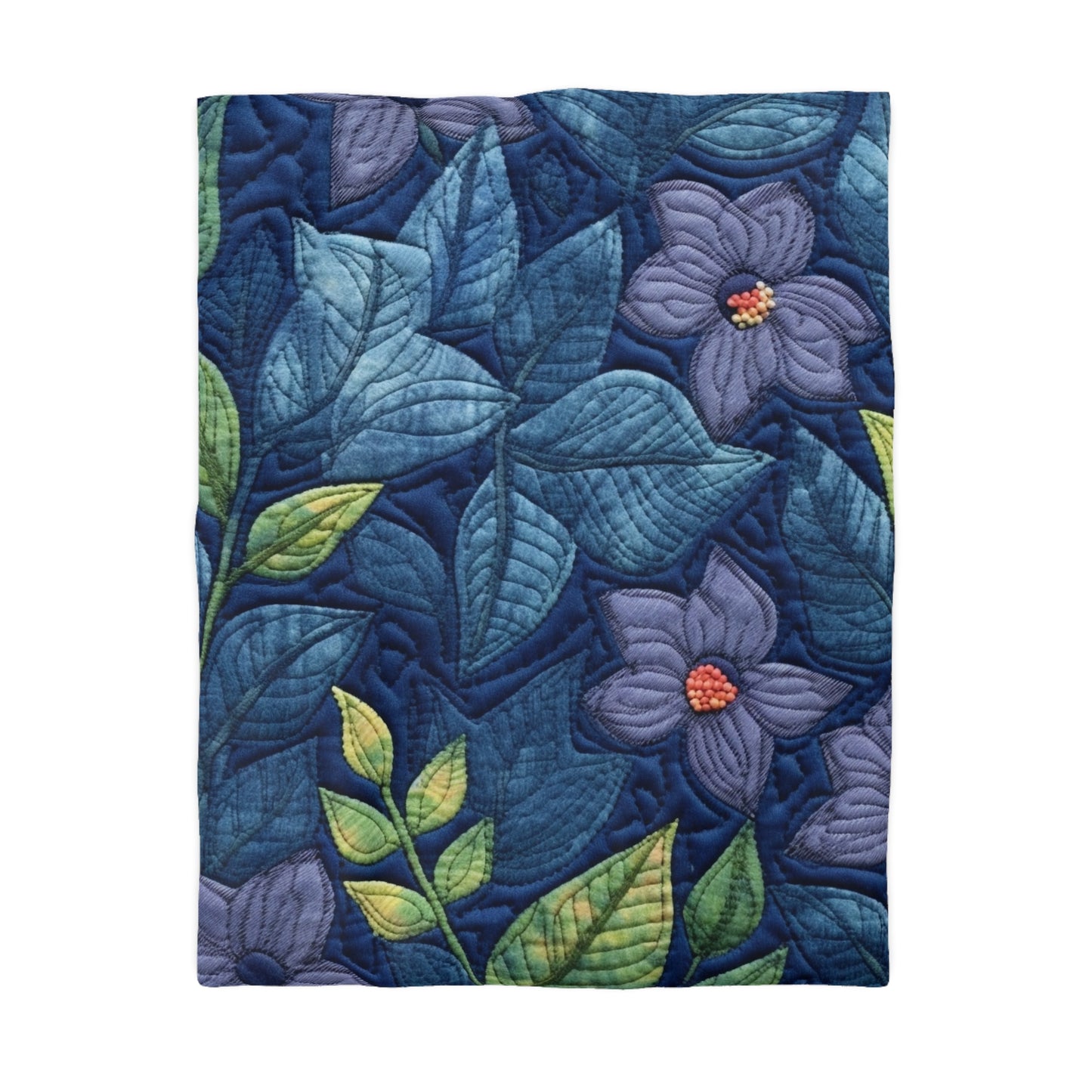 Floral Embroidery Blue: Denim-Inspired, Artisan-Crafted Flower Design - Microfiber Duvet Cover